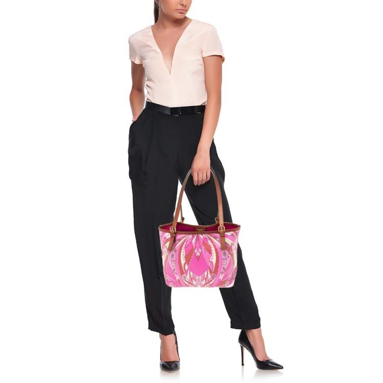 Pre Owned Emilio Pucci Multicolor Printed Coated Canvas And Leather Open Tote