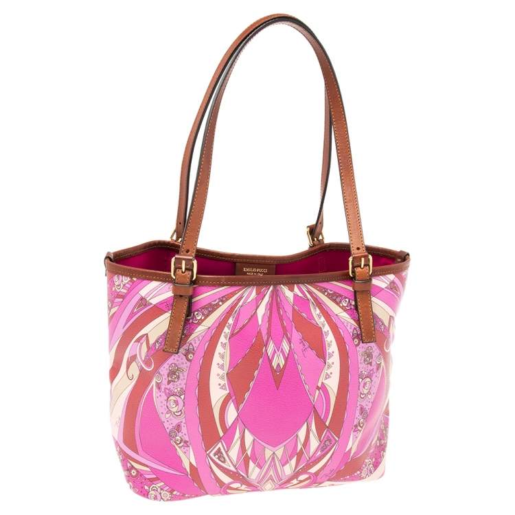 Pre Owned Emilio Pucci Multicolor Printed Coated Canvas And Leather Open Tote