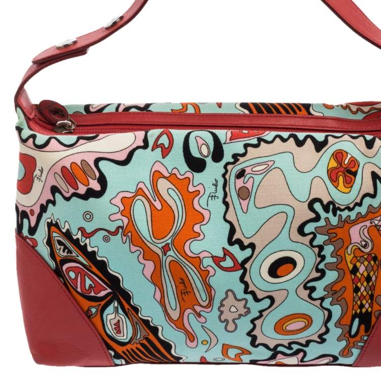 Pre Owned Emilio Pucci Multicolor Printed Canvas and Leather Baguette Bag
