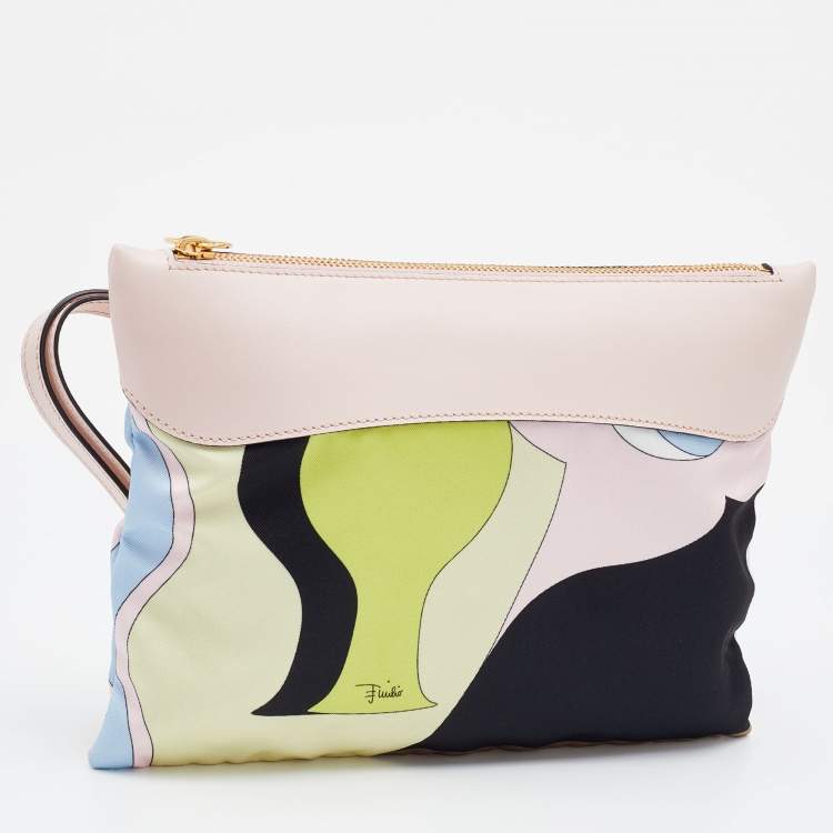 Pre Owned Emilio Pucci Multicolour Printed Canvas and Leather Wristlet Clutch