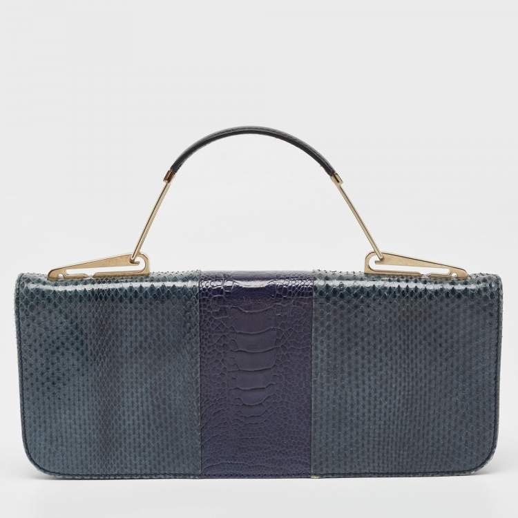 Pre Owned Emilio Pucci Tricolor Snakeskin and Ostrich Embossed Leather Clutch