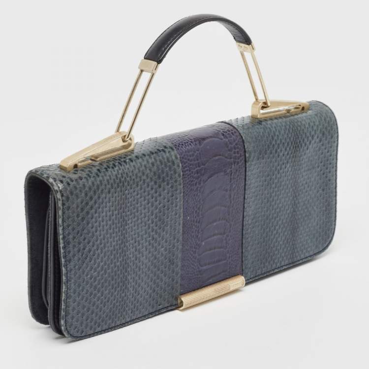 Pre Owned Emilio Pucci Tricolor Snakeskin and Ostrich Embossed Leather Clutch