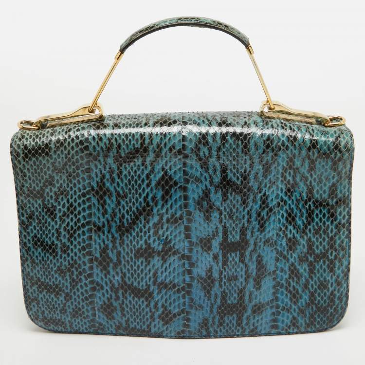 Pre Owned Emilio Pucci Blue/Cream Python and Canvas Flap Top Handle Bag