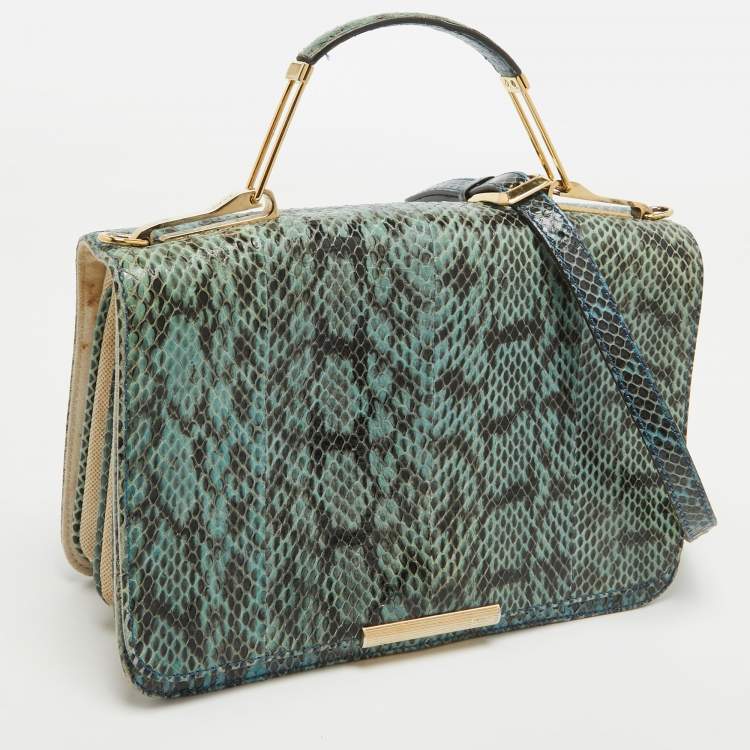 Pre Owned Emilio Pucci Blue/Cream Python and Canvas Flap Top Handle Bag