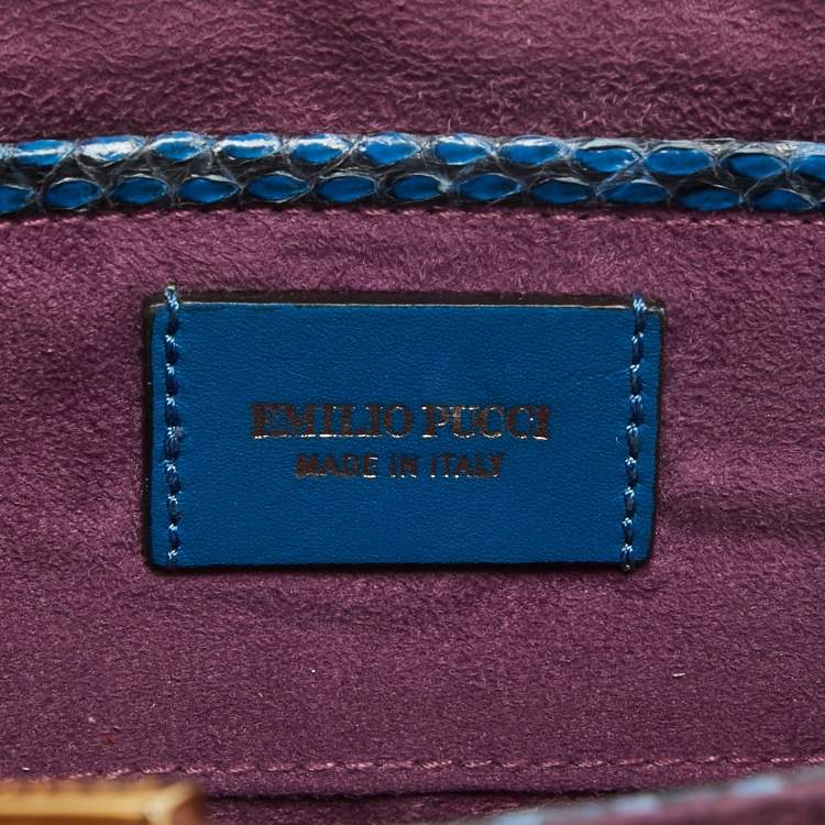 Pre Owned Emilio Pucci Blue/Cream Python and Canvas Flap Top Handle Bag