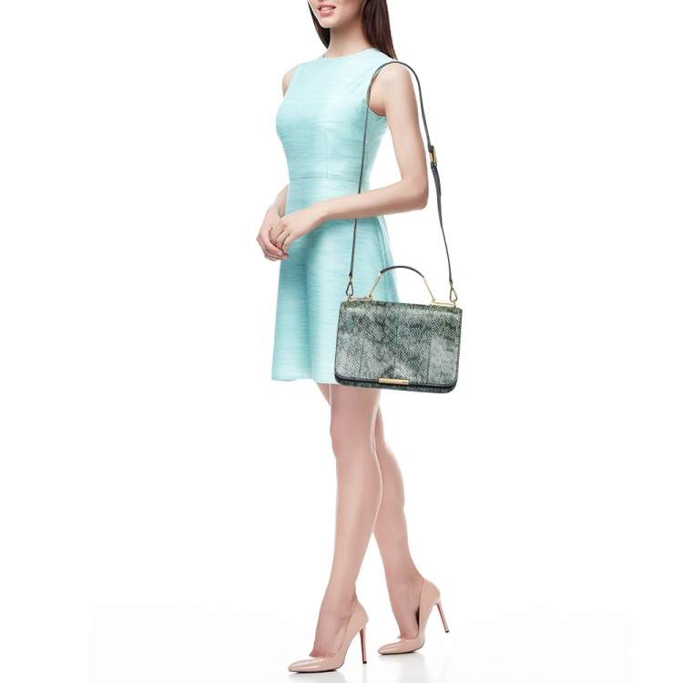 Pre Owned Emilio Pucci Blue/Cream Python and Canvas Flap Top Handle Bag
