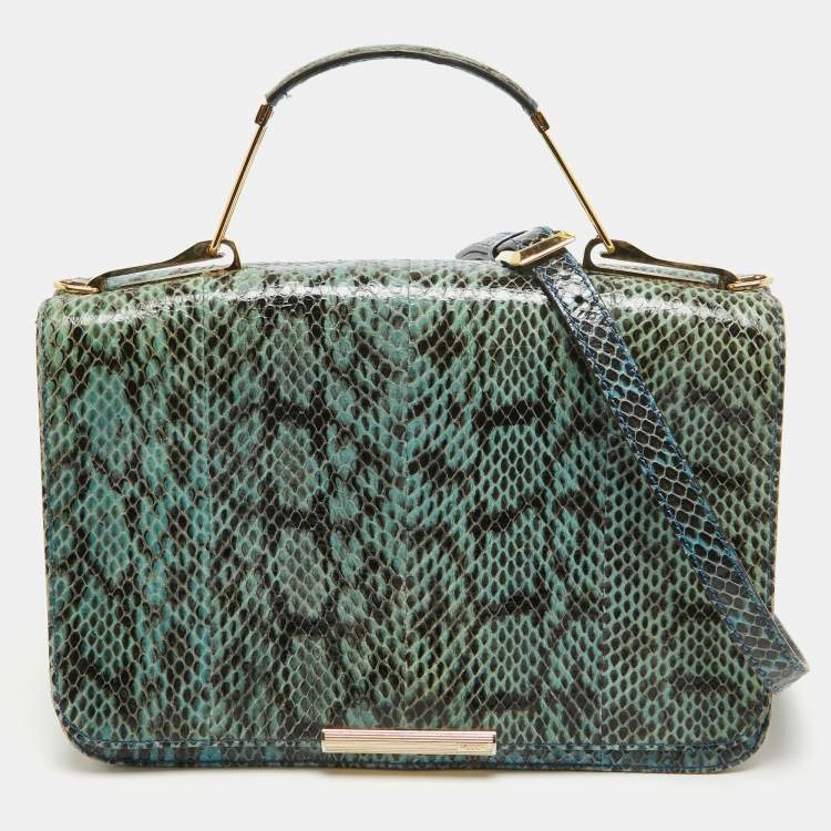 Pre Owned Emilio Pucci Blue/Cream Python and Canvas Flap Top Handle Bag
