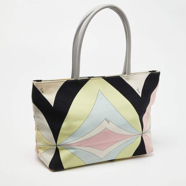 Pre Owned Emilio Pucci Multicolor Canvas and Leather Snap Tote