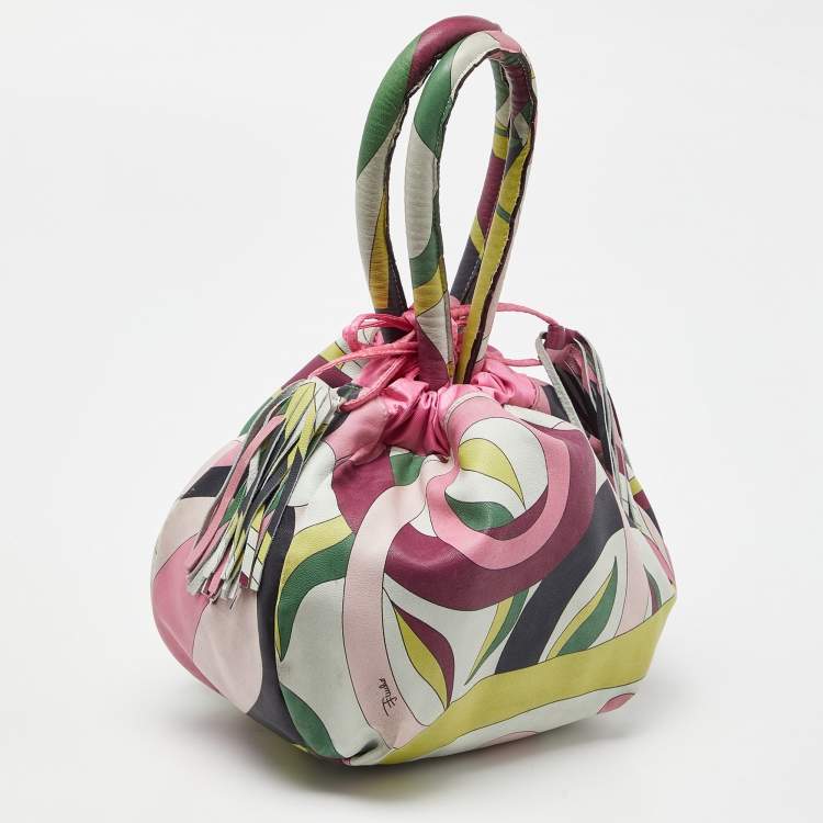 Pre Owned Emilio Pucci Multicolor Leather and Satin Drawstring Bucket Bag