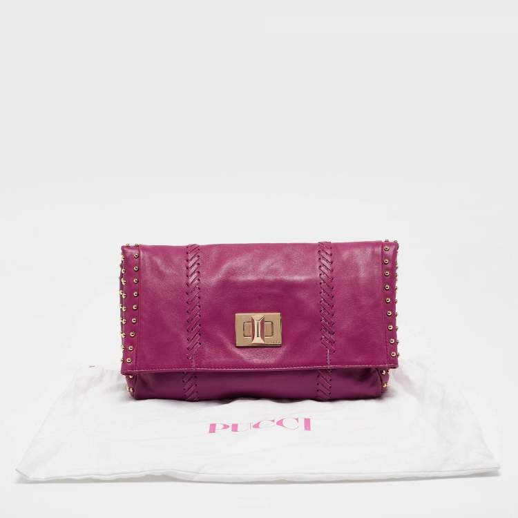 Pre Owned Emilio Pucci Magenta Leather Studded Flap Clutch