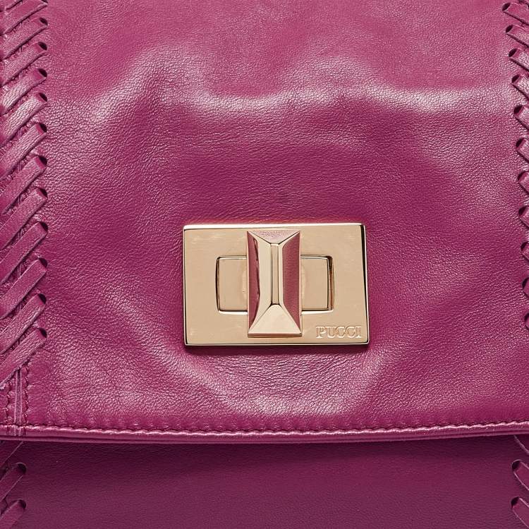 Pre Owned Emilio Pucci Magenta Leather Studded Flap Clutch