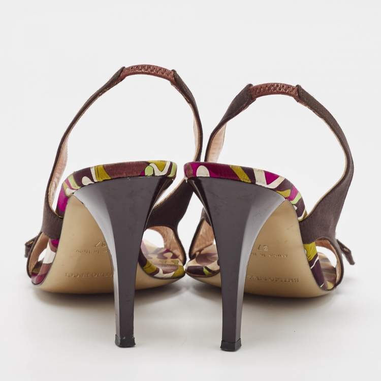 Pre Owned Emilio Pucci Dark Brown Satin Buckle Detail Slingback Sandals Size 37