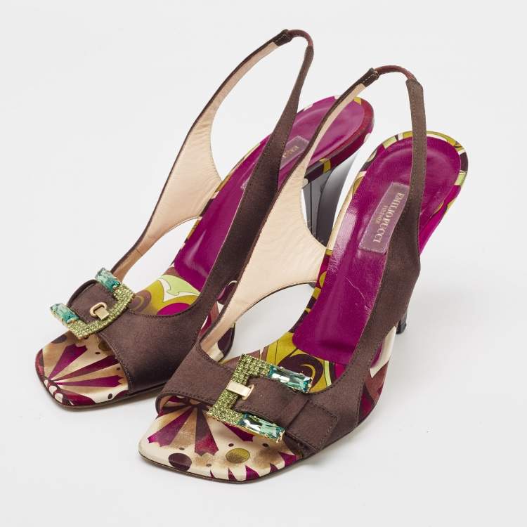 Pre Owned Emilio Pucci Dark Brown Satin Buckle Detail Slingback Sandals Size 37