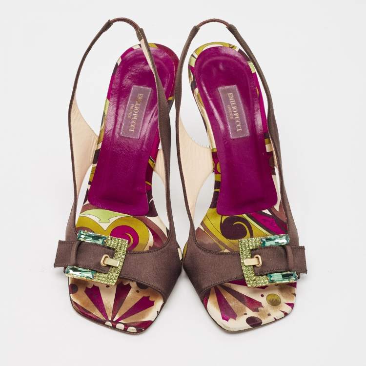 Pre Owned Emilio Pucci Dark Brown Satin Buckle Detail Slingback Sandals Size 37