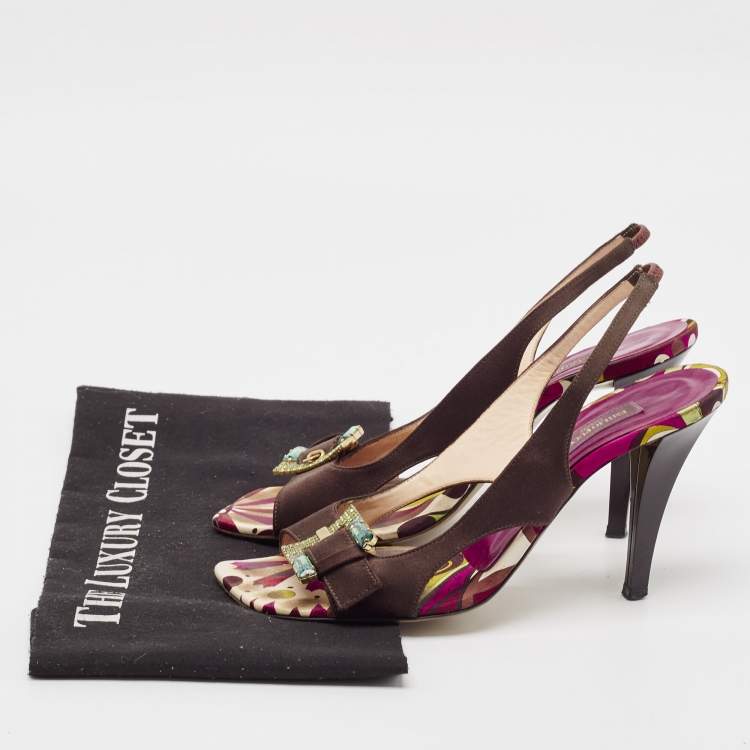 Pre Owned Emilio Pucci Dark Brown Satin Buckle Detail Slingback Sandals Size 37