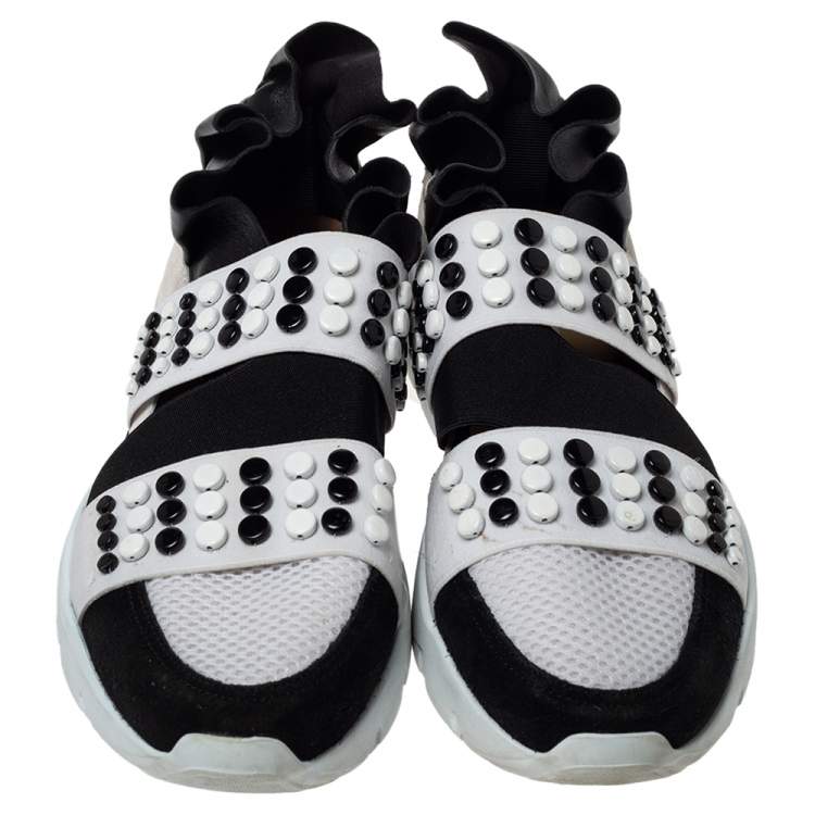 Pre Owned Emilio Pucci Black/White Fabric And Leather City Up Studded Low Top Sneakers Size 38