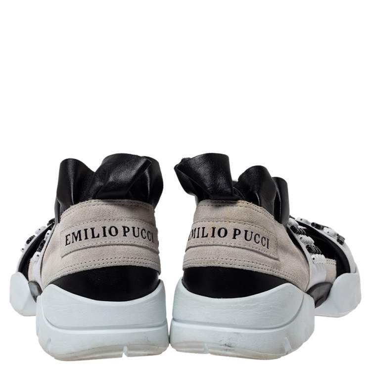Pre Owned Emilio Pucci Black/White Fabric And Leather City Up Studded Low Top Sneakers Size 38