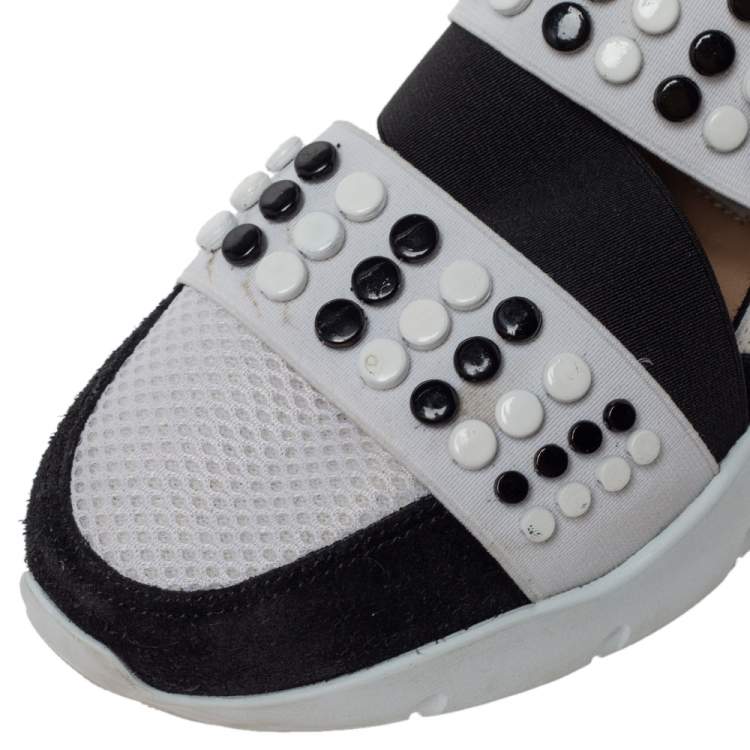 Pre Owned Emilio Pucci Black/White Fabric And Leather City Up Studded Low Top Sneakers Size 38