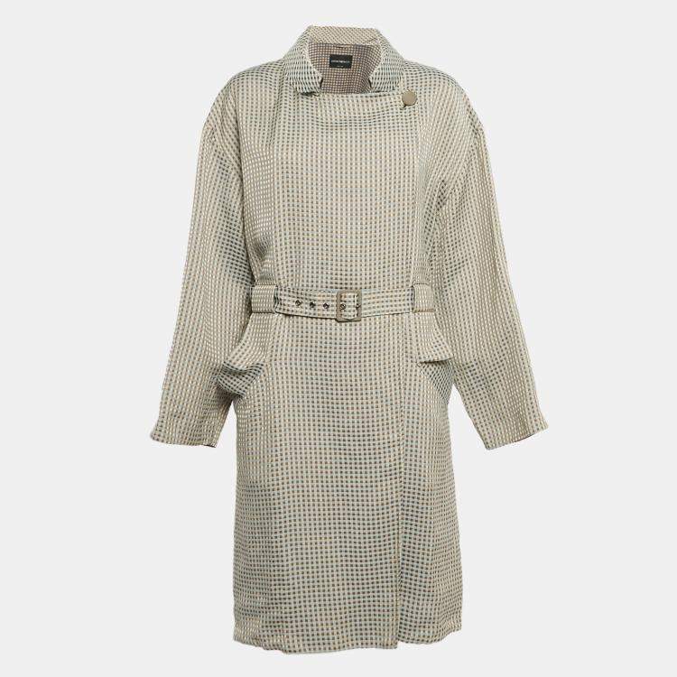 Pre Owned Emporio Armani Beige Gingham Linen Blend Trench Coat L