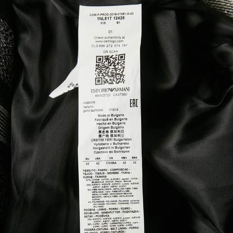 Pre Owned Emporio Armani Green/Metallic Lurex Cotton Blend Double Breasted Long Coat M