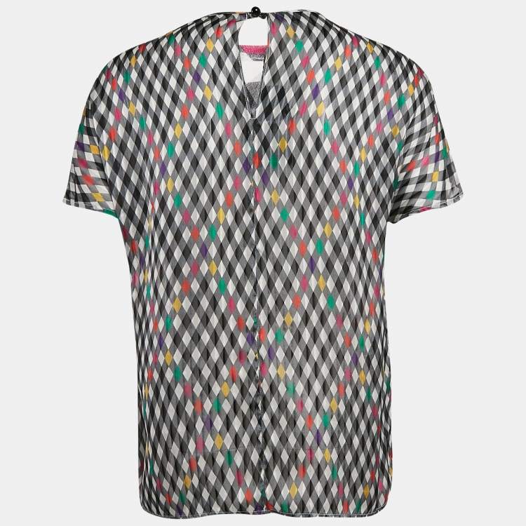 Pre Owned Emporio Armani Multicolor Checked and Logo Embroidery Silk Top S