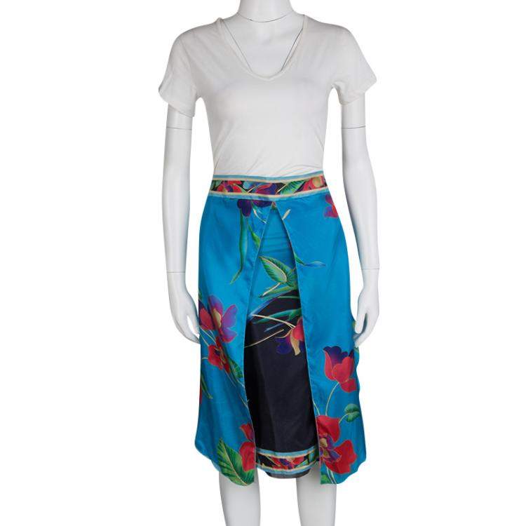 Pre Owned Emporio Armani Multicolor Floral Printed Silk Layered Midi Skirt XS