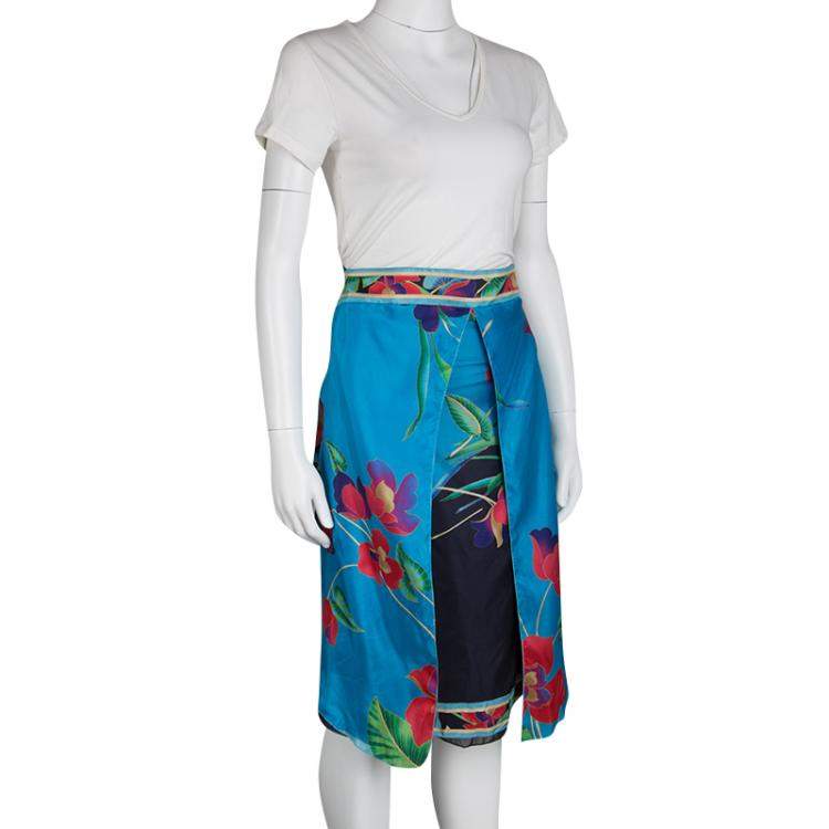 Pre Owned Emporio Armani Multicolor Floral Printed Silk Layered Midi Skirt XS