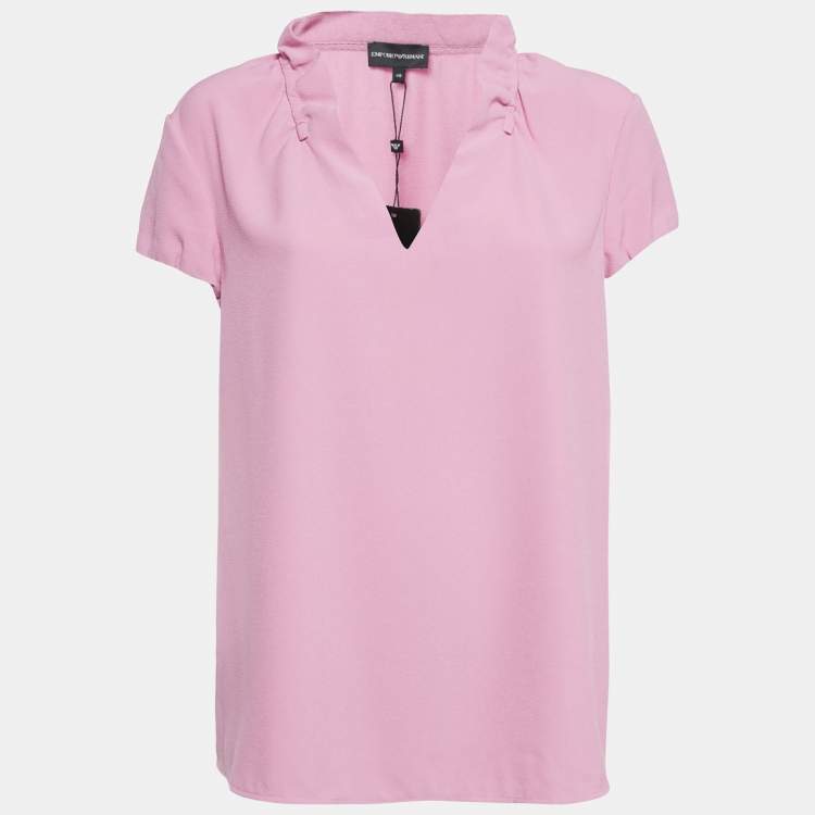Pre Owned Emporio Armani Pink Stretch Crepe Short Sleeve Top L