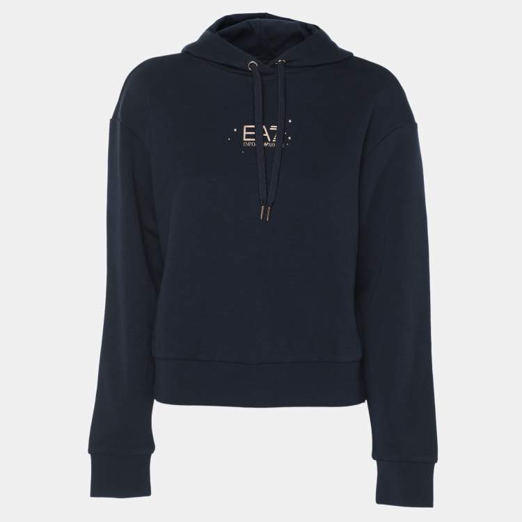Pre Owned Emporio Armani Navy Blue Jersey Logo Print Hoodie S