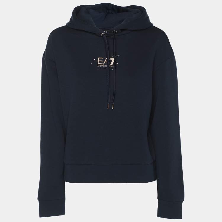 Pre Owned Emporio Armani Navy Blue Jersey Logo Embroidered Hoodie M