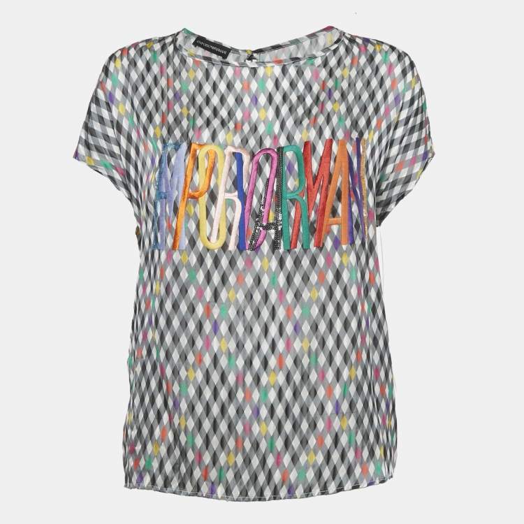 Pre Owned Emporio Armani Black Geometric Print Silk Embroidered Top M