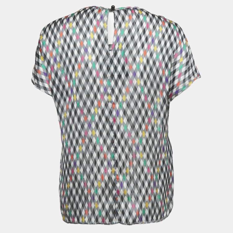 Pre Owned Emporio Armani Black Geometric Print Silk Embroidered Top M