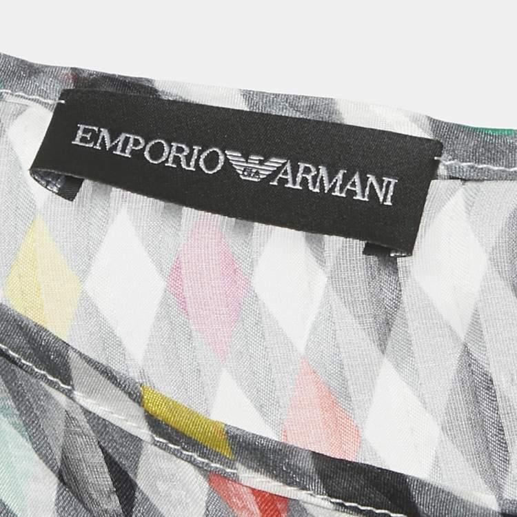 Pre Owned Emporio Armani Black Geometric Print Silk Embroidered Top M