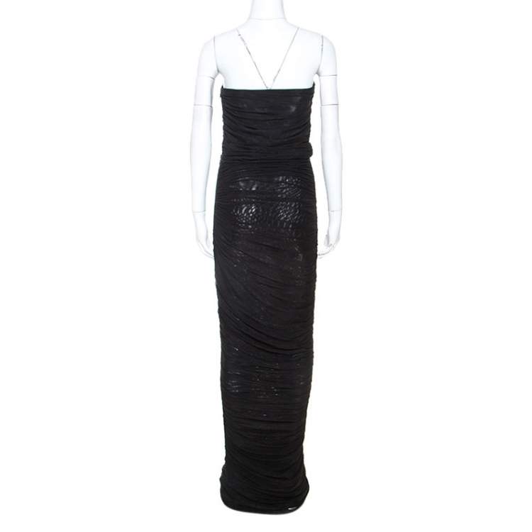 Pre Owned Emporio Armani Black Stretch Net Ruched Evening Gown M