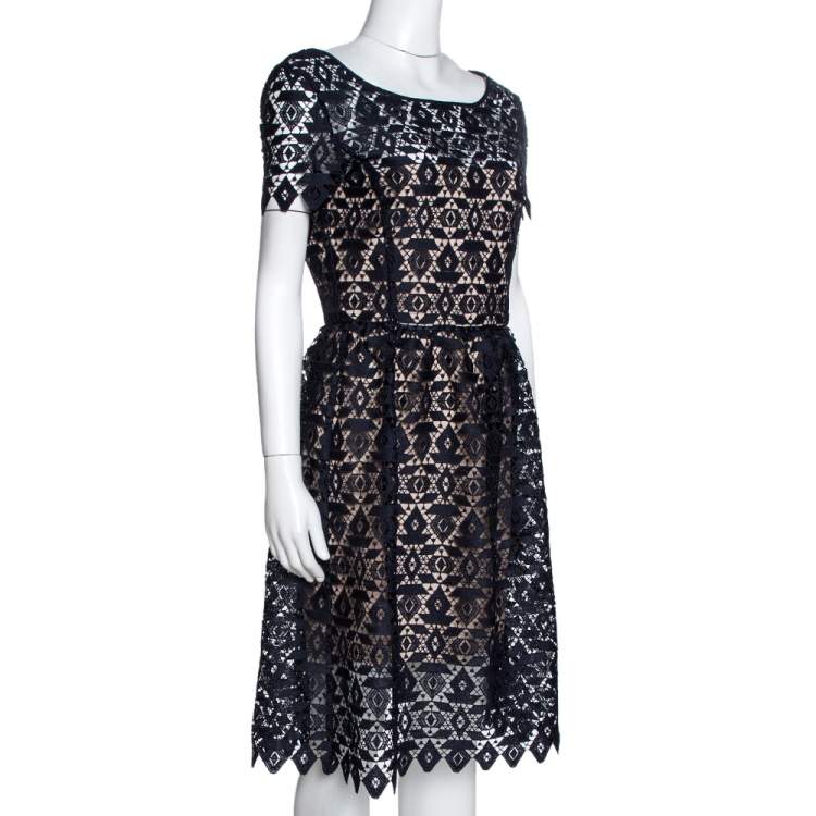Pre Owned Emporio Armani Navy Blue Guipure Lace Overlay Sheath Dress M