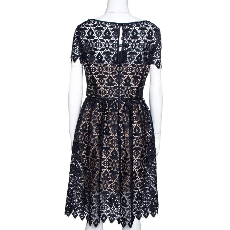 Pre Owned Emporio Armani Navy Blue Guipure Lace Overlay Sheath Dress M