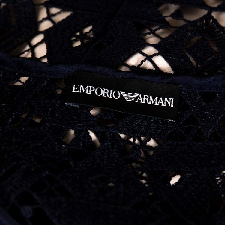 Pre Owned Emporio Armani Navy Blue Guipure Lace Overlay Sheath Dress M