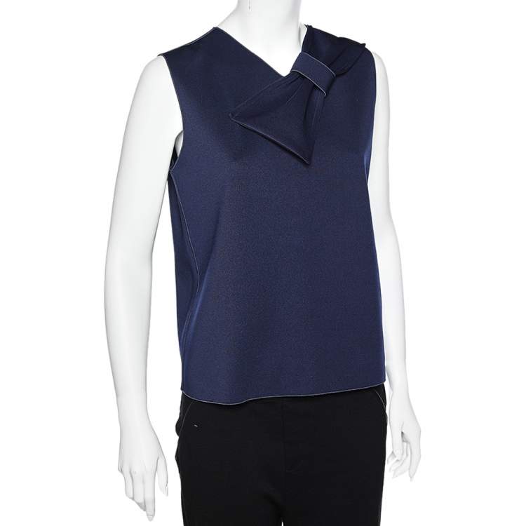 مملوكة مسبقًا Emporio Armani Navy Blue Knit Bow Detail Sleeveless Top L