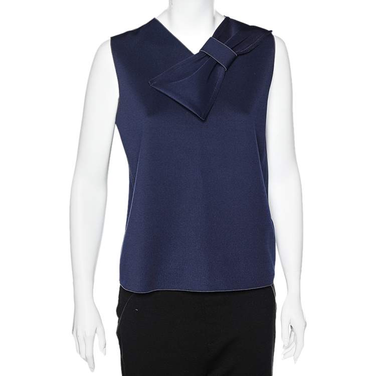 مملوكة مسبقًا Emporio Armani Navy Blue Knit Bow Detail Sleeveless Top L
