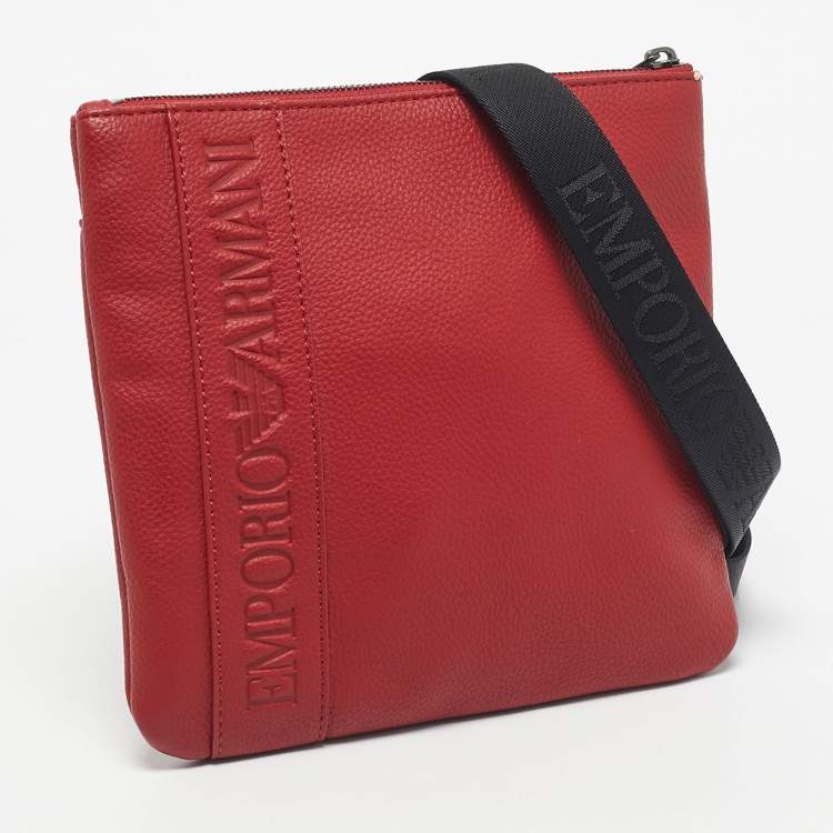 Pre Owned Emporio Armani Red/Black Leather Logo Embossed Flat Messenger Bag