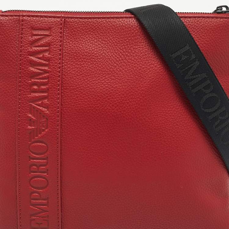 Pre Owned Emporio Armani Red/Black Leather Logo Embossed Flat Messenger Bag