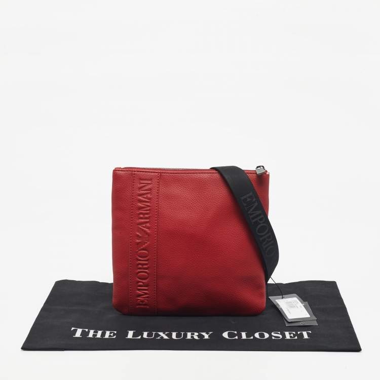 Pre Owned Emporio Armani Red/Black Leather Logo Embossed Flat Messenger Bag