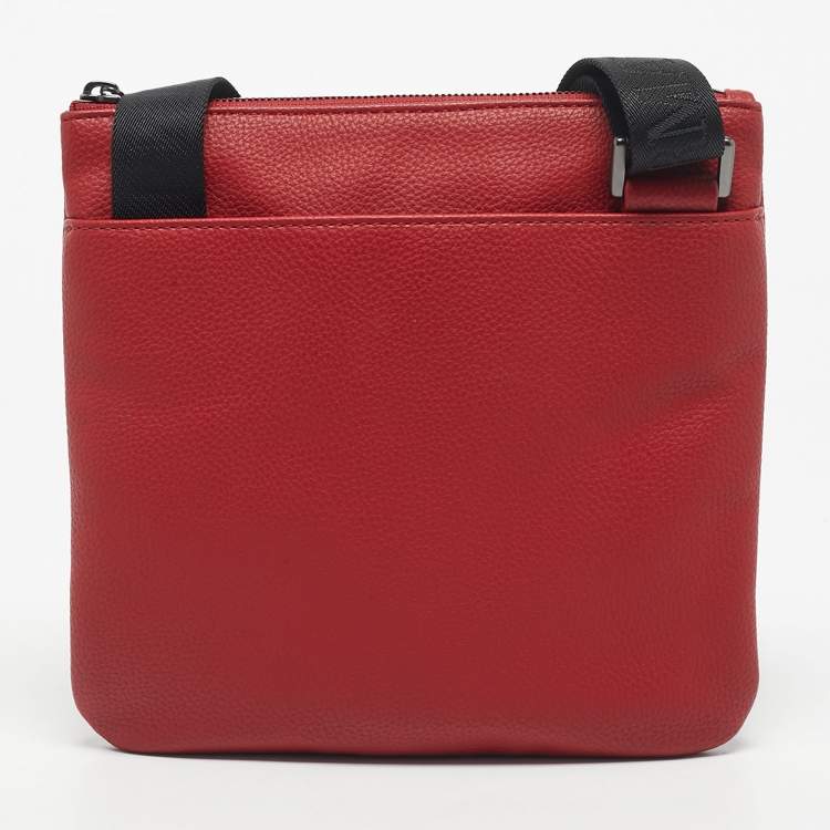 Pre Owned Emporio Armani Red/Black Leather Logo Embossed Flat Messenger Bag