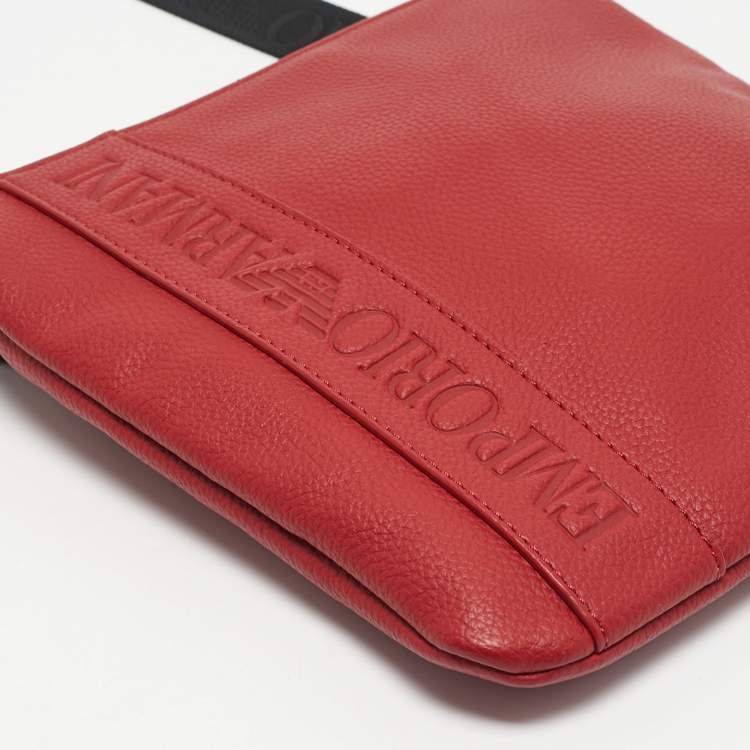 Pre Owned Emporio Armani Red/Black Leather Logo Embossed Flat Messenger Bag