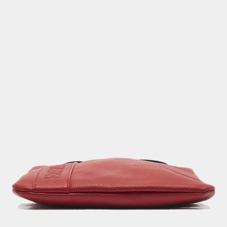 Pre Owned Emporio Armani Red/Black Leather Logo Embossed Flat Messenger Bag