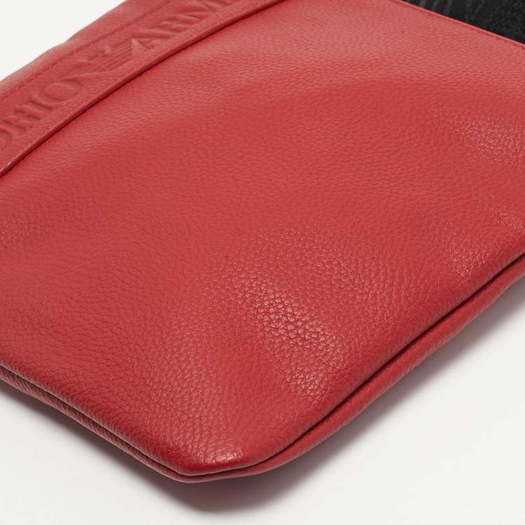 Pre Owned Emporio Armani Red/Black Leather Logo Embossed Flat Messenger Bag