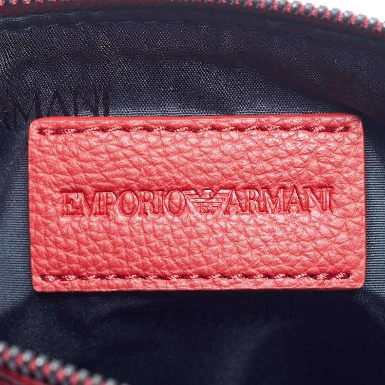 Pre Owned Emporio Armani Red/Black Leather Logo Embossed Flat Messenger Bag