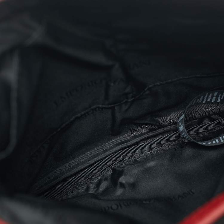 Pre Owned Emporio Armani Red/Black Leather Logo Embossed Flat Messenger Bag
