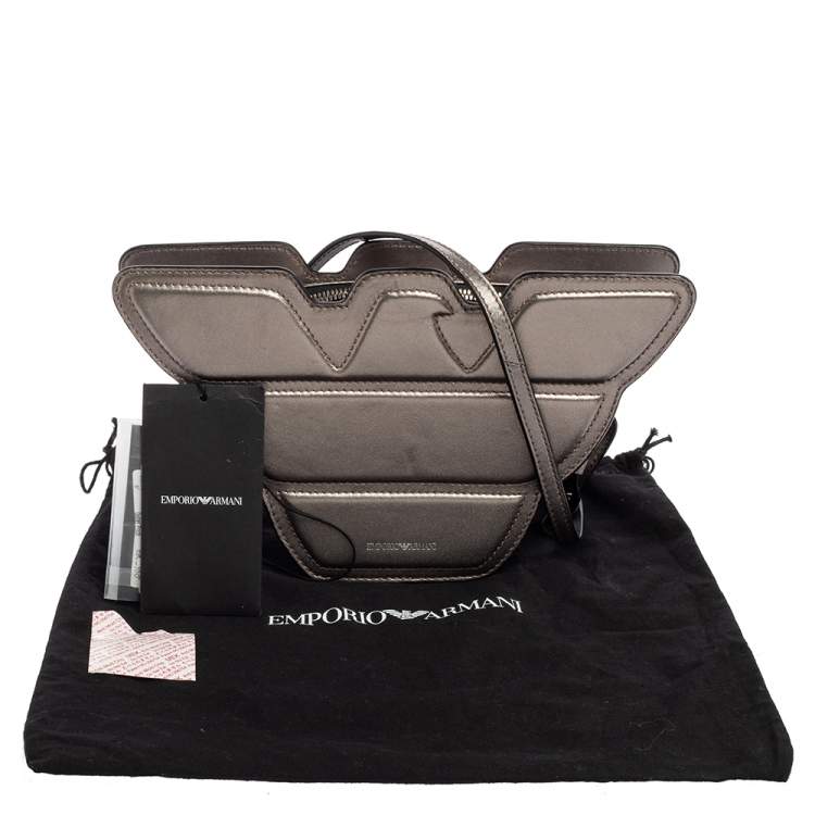 Pre Owned Emporio Armani Metallic Grey Leather Structured Logo Crossbody Bag