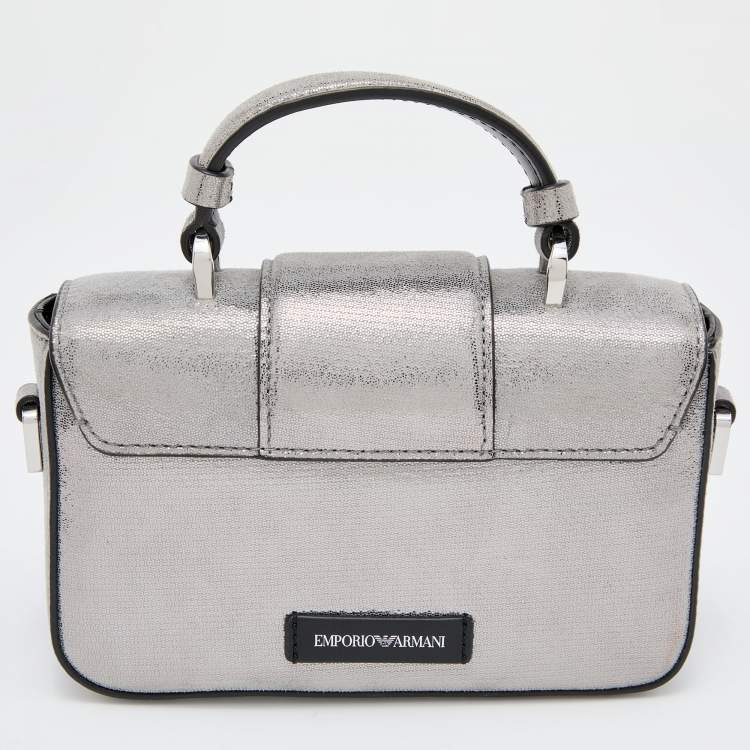 Pre Owned Emporio Armani Metallic Silver Leather Top Handle Bag